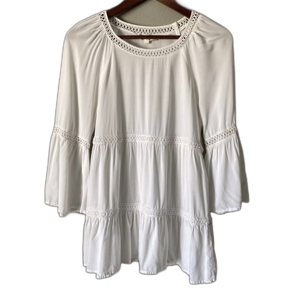Spense Peasant Boho Tiered Blouse White Bell Sleeves Lace Tunic Women's Small